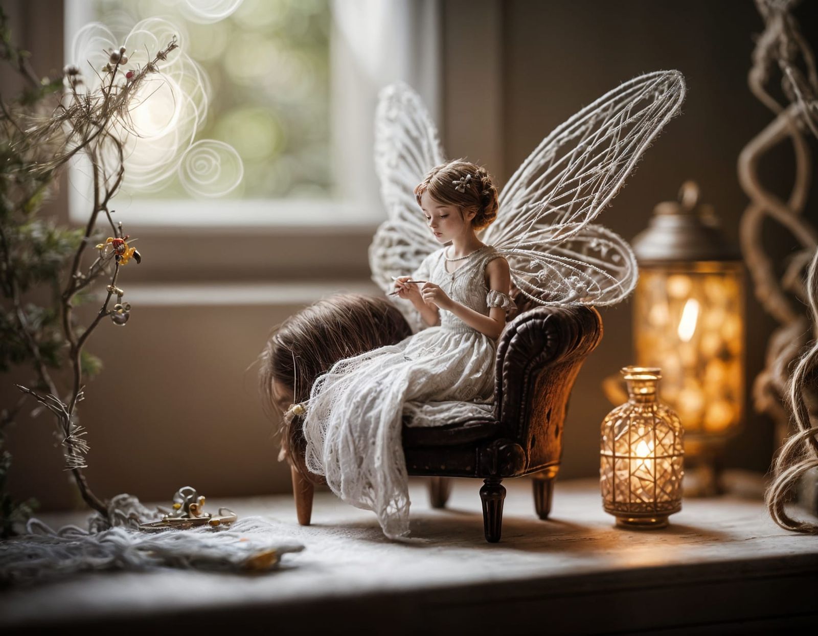 Macro Photograph of a Sewing Fairy Diorama