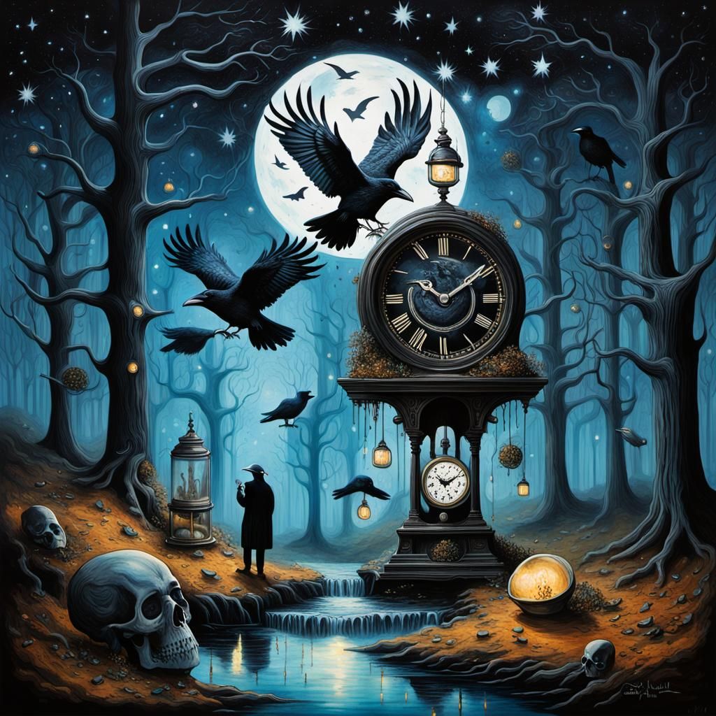 Ravens Feast on Skull Clock in Surreal Woods