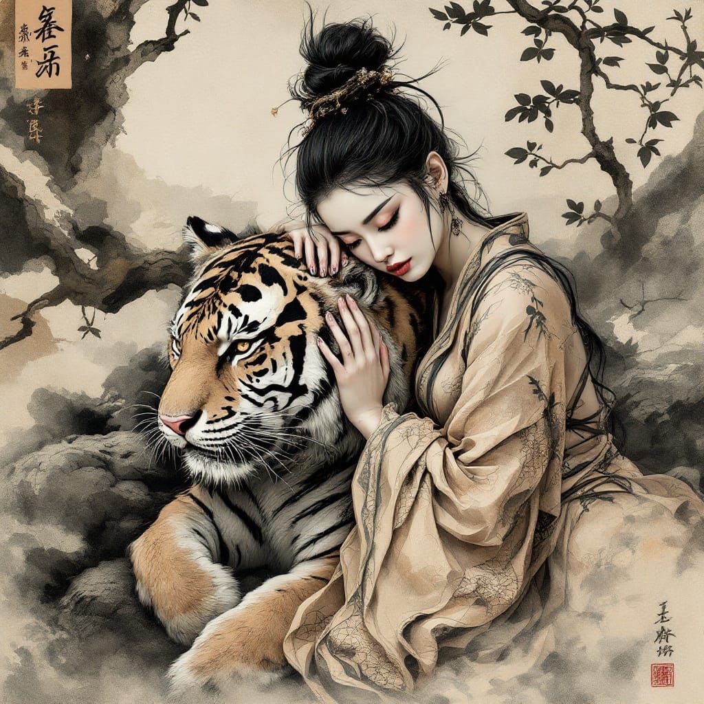 Gongbi Style Terracotta Beauty with Amur Tiger