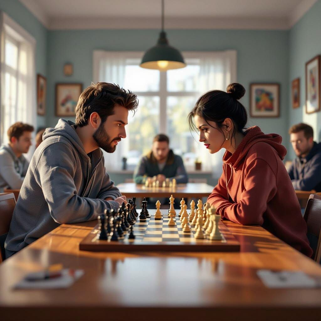 Intense Chess Match in 3D Rendered Community Hall
