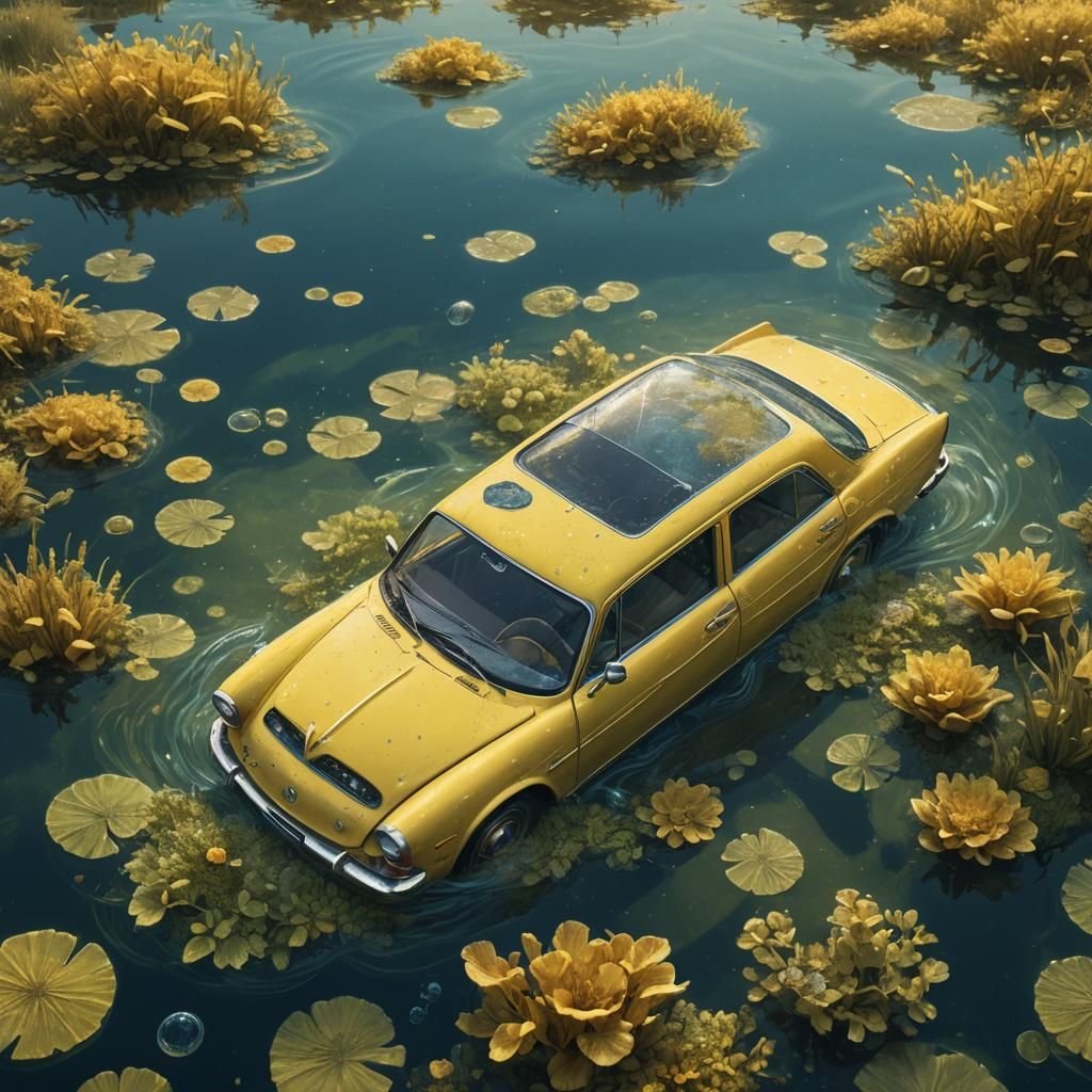 Yellow Car Submerged in Lake: Fantasy Concept Art