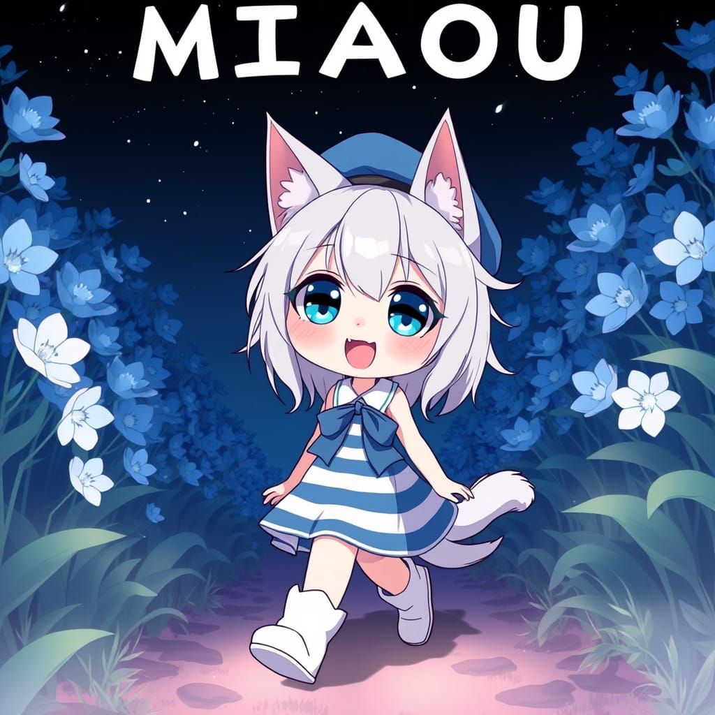 Moody Anime Catgirl in a Blue Lily Grove