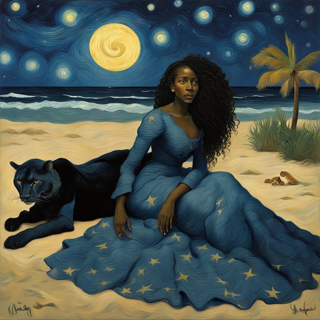 African Lady on Beach at Night as Van Gogh Painting