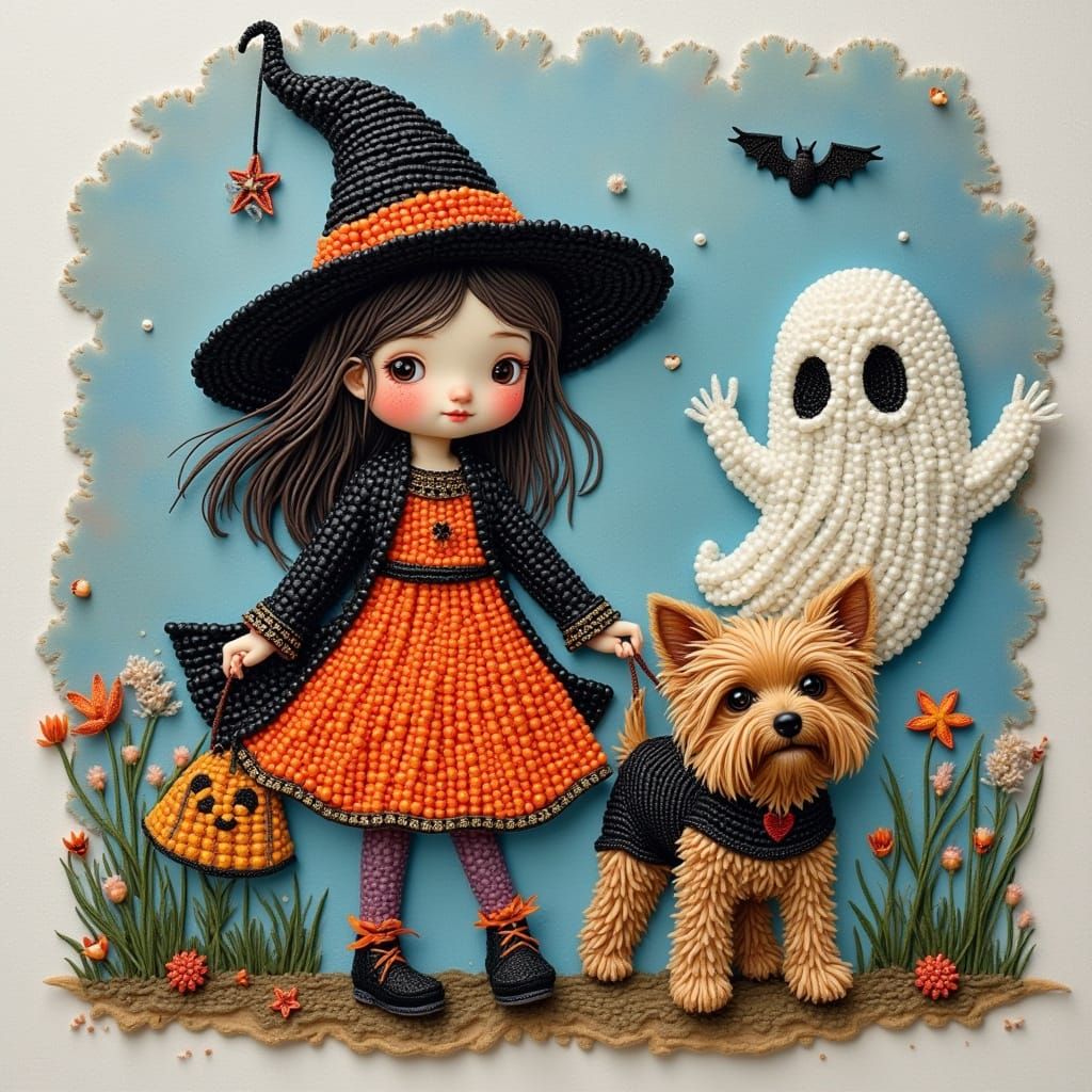 Witch Girl and Dog with Ghost, Embroidered Bead Effect