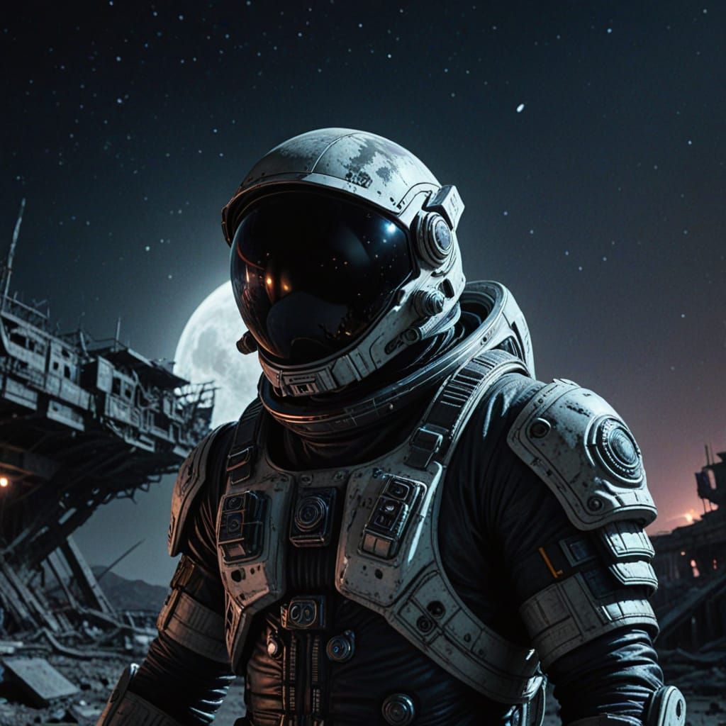 Gritty Astronaut Flees Abandoned Spaceship in Neon-Lit Alien...