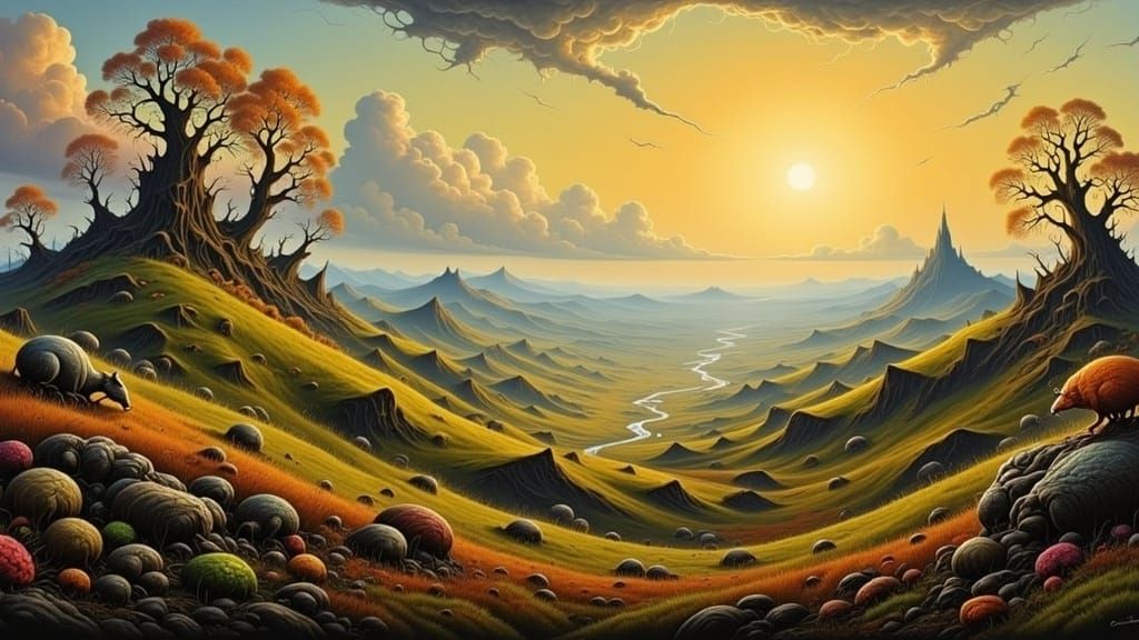 Impressionist Landscape with River and Golden Light