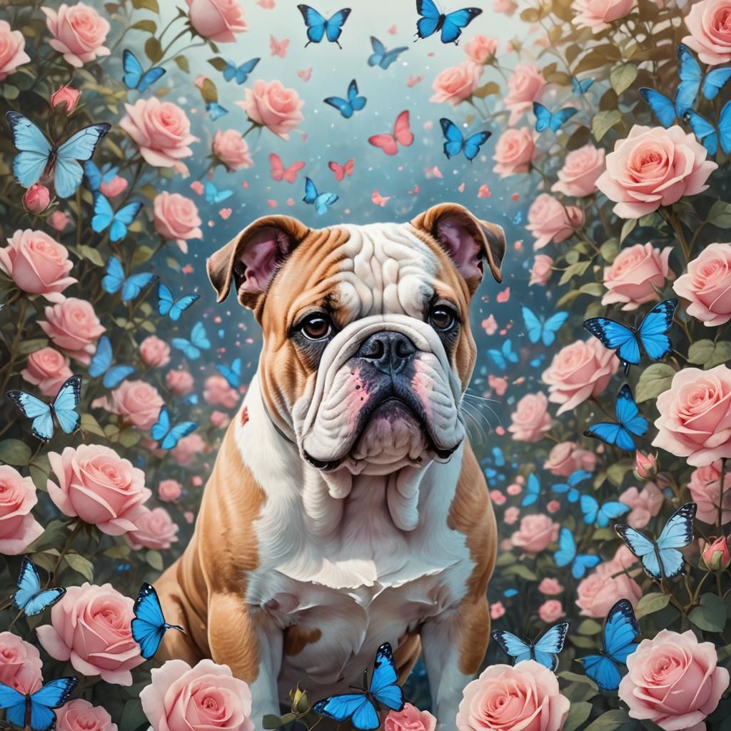 Anime Bulldog Portrait in Rose Field with Butterflies