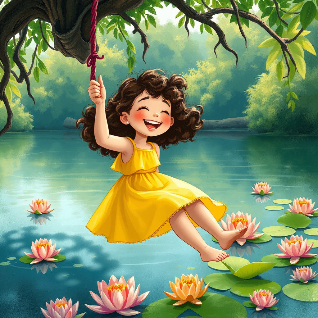 Girl Swings Over Lake in Whimsical Fantasy Style