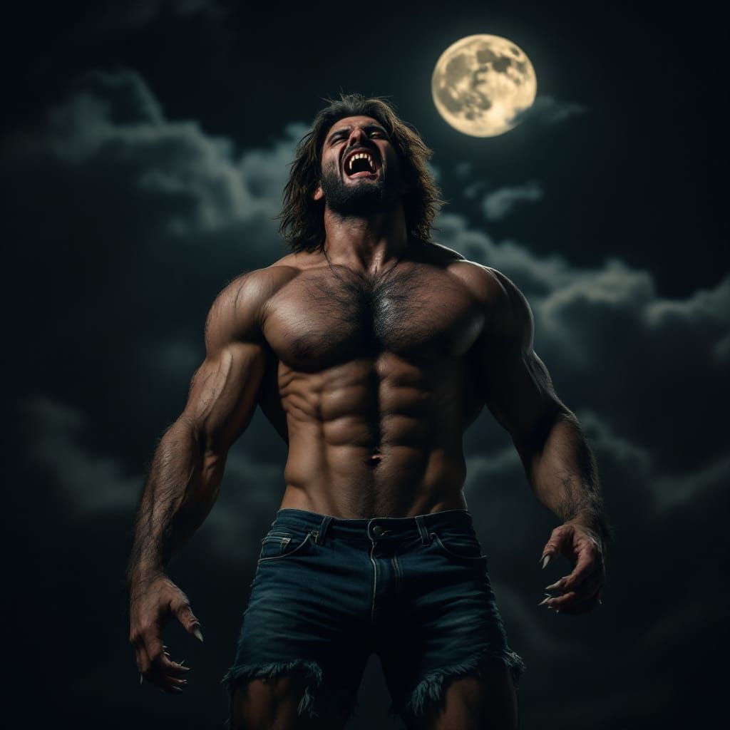 Muscular Man Embraces Werewolf Transformation Under Moody Mo...