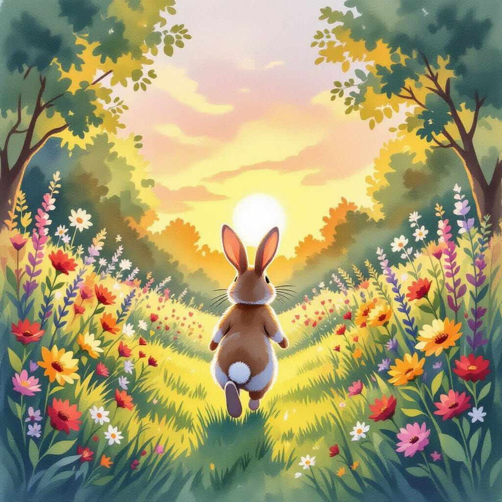 Happy Rabbit Bounds Towards Sunset In Watercolor Garden