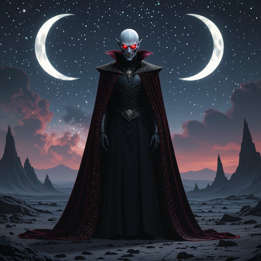 Alien Dracula on Desolate Planet with Nebula