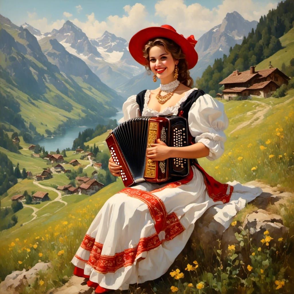 Smiling Woman in Swiss Costume Playing Accordion