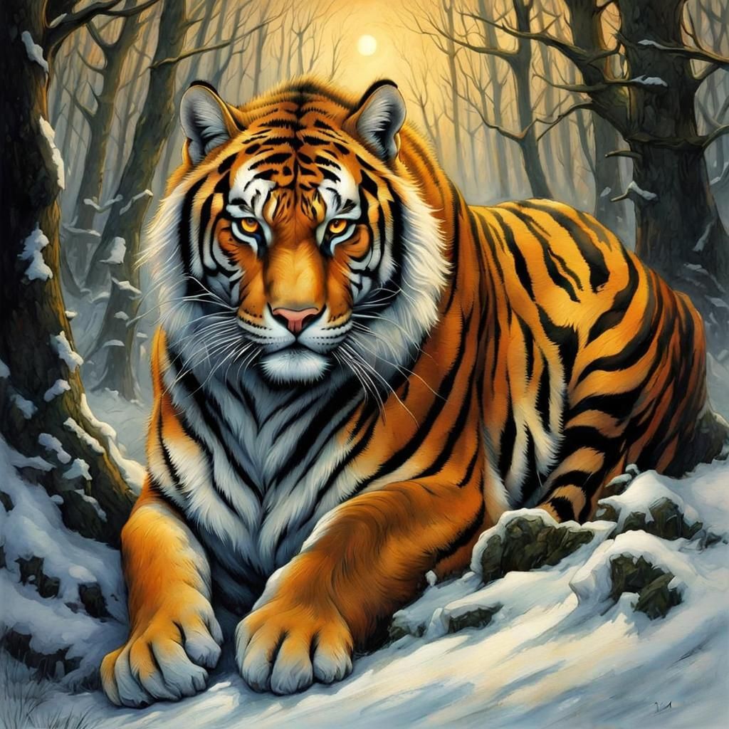 Tiger Blends into Winter Snowscape, Watercolor Style