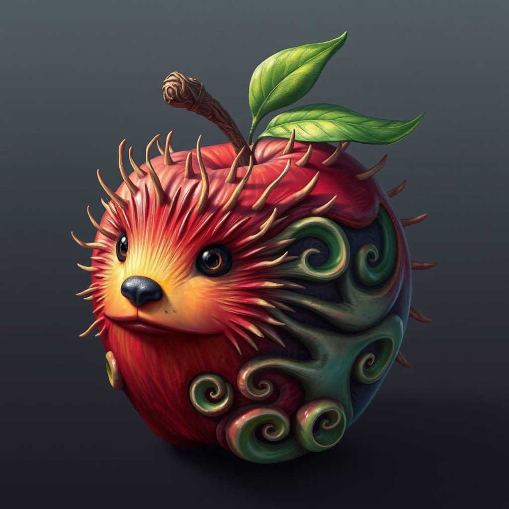Whimsical Apple with Porcupine Face in Fantastical Realism