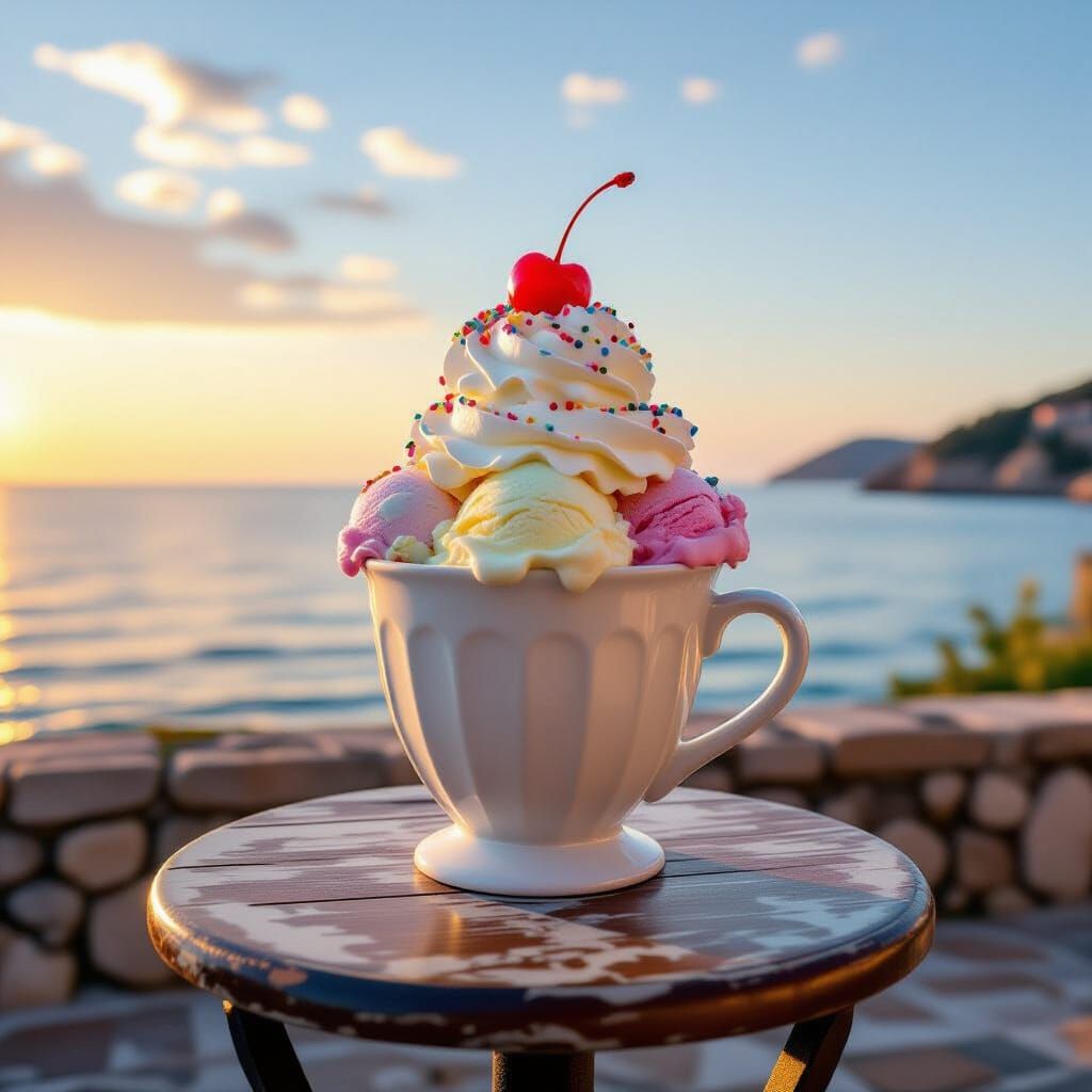 Giant Ice Cream Cup Overlooking Sea at Dawn