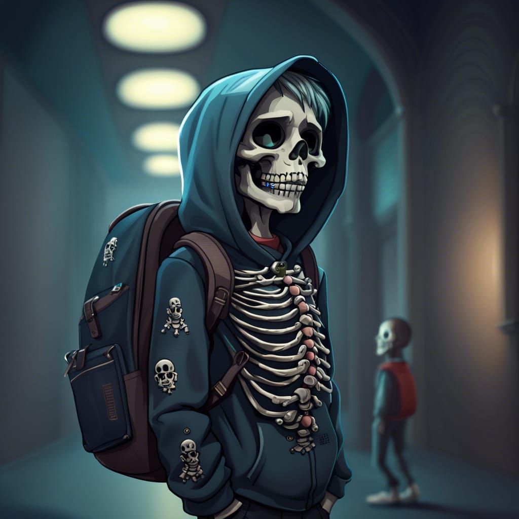 Cute Skeleton Boy's First Day: Digital Matte Painting
