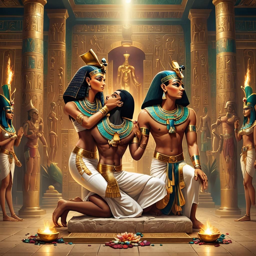 Pharaoh Praying to Osiris and Isis in Egyptian Temple