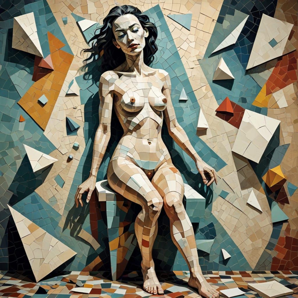 Distorted Cubist Portrait in Mosaic Art Style