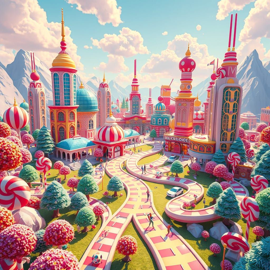 Whimsical Futuristic Cityscape Inspired by Candyland