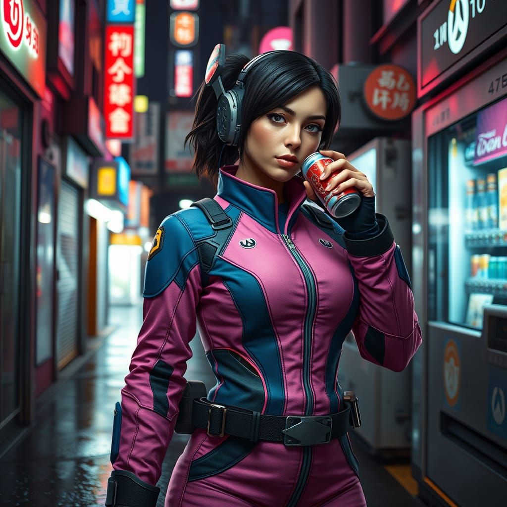 D.Va in Cyberpunk Tokyo Alley with Battle Mech