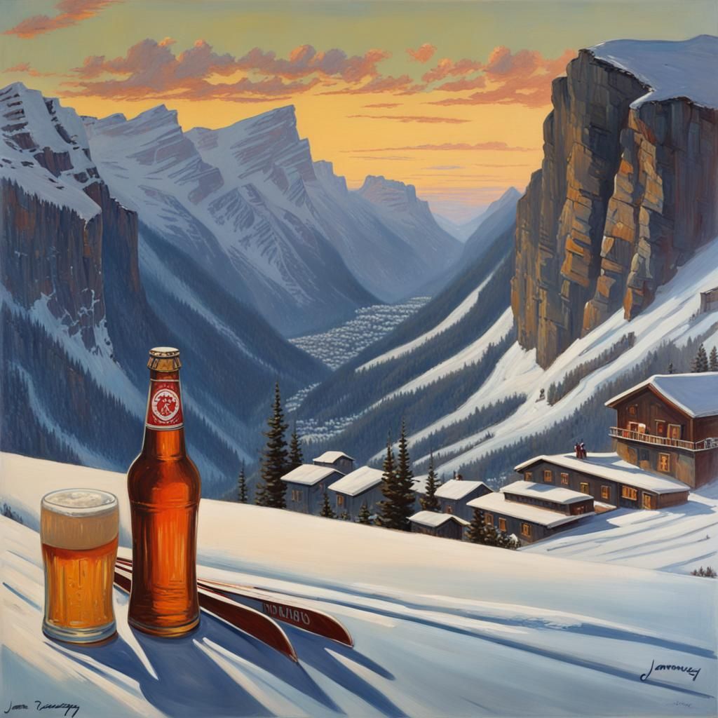 Vintage Ski Poster of Leukerbad at Dusk