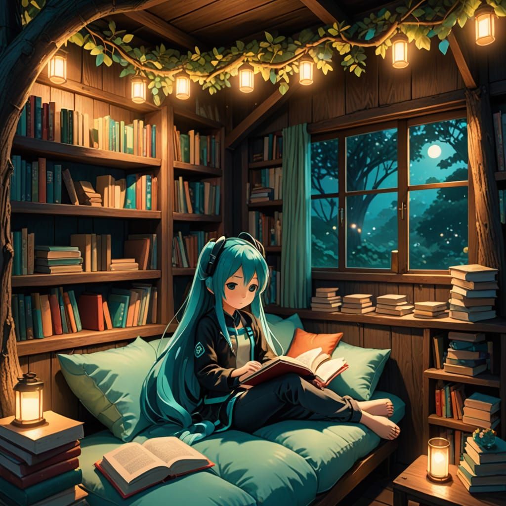 Hatsune Miku Relaxing in Cozy Treehouse