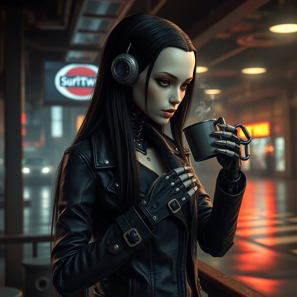 Cyberpunk Android Sips Coffee in Industrial Setting