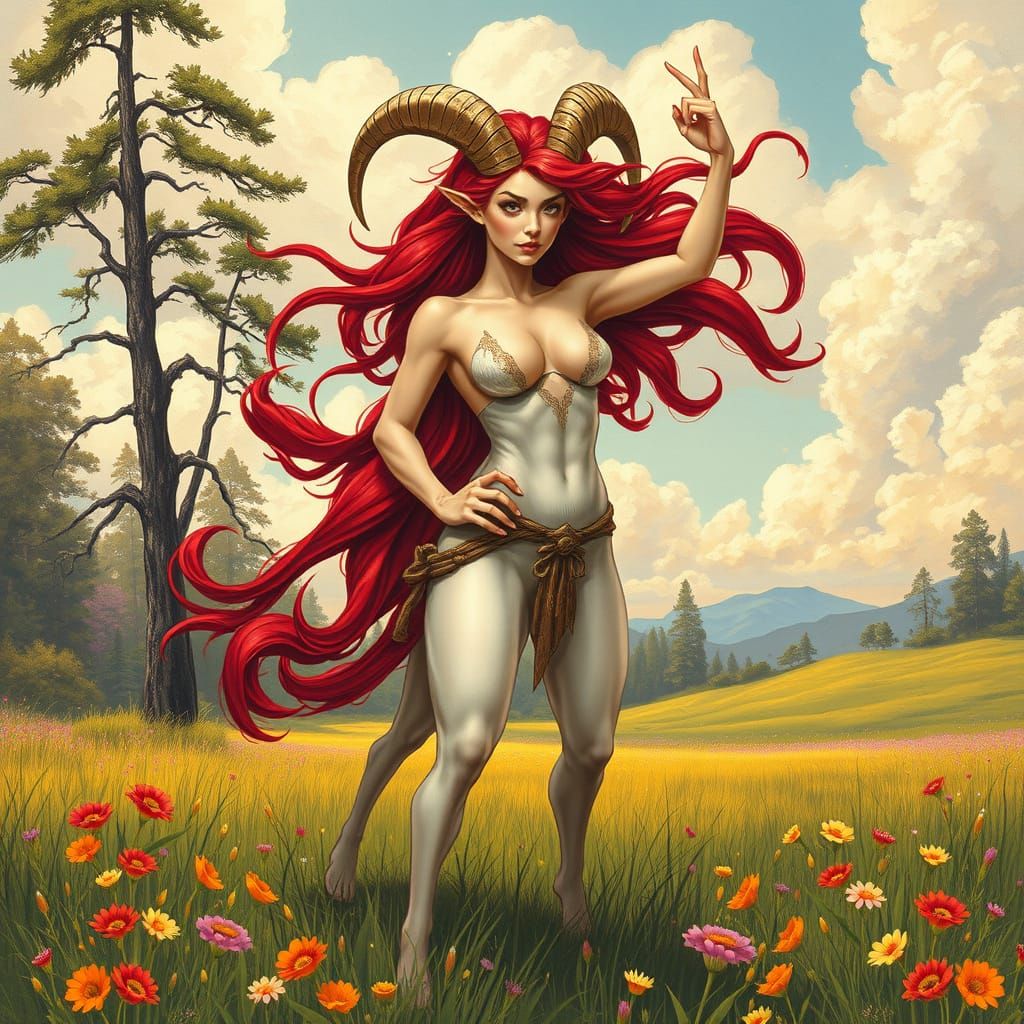 Triumphant Aries Goddess in Mythical Landscape