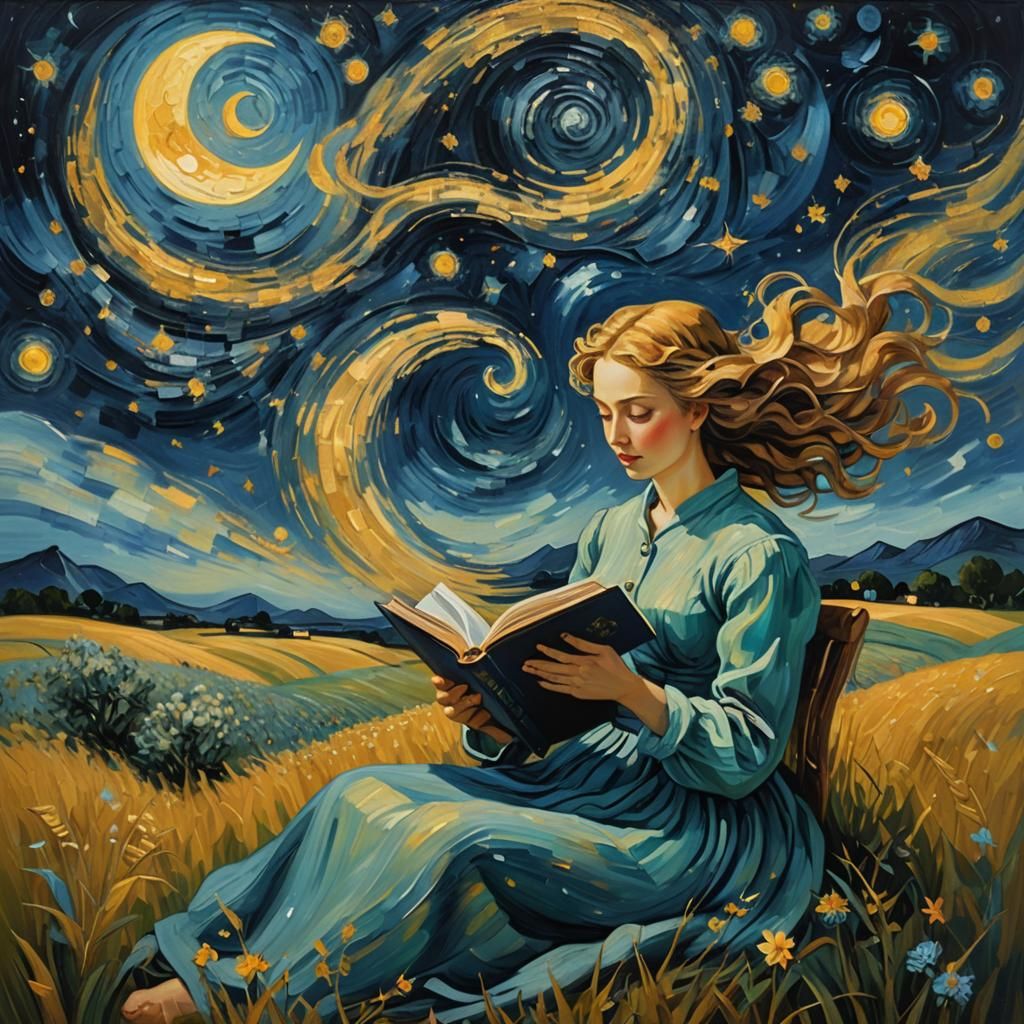 Woman Reading Under Starry Night in Oil Paint