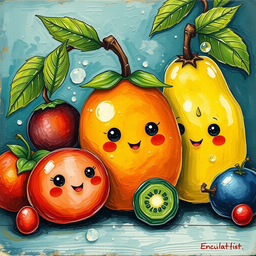 Vibrant Storybook Fruit with Chibi Faces