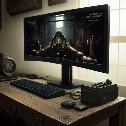 Steampunk PC Gaming Setup with High-Resolution Monitors