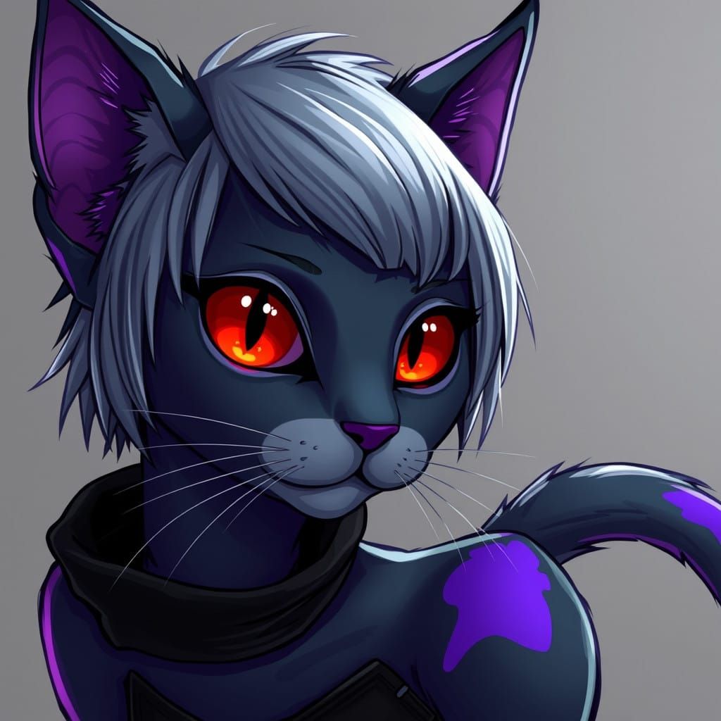 Cyberpunk Catgirl with Grey Hair and Red Eyes