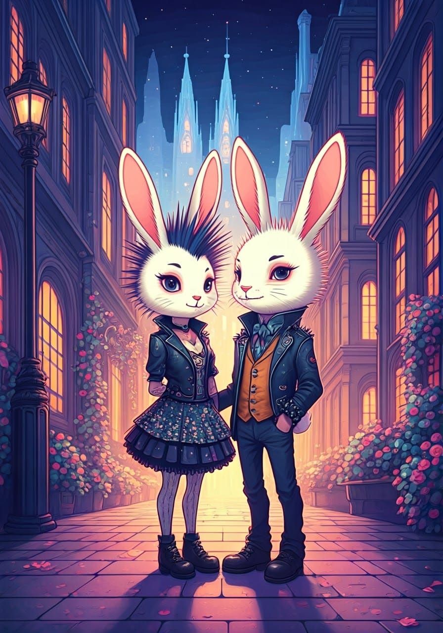 Whimsical Punk Bunnies in Vibrant Cityscape