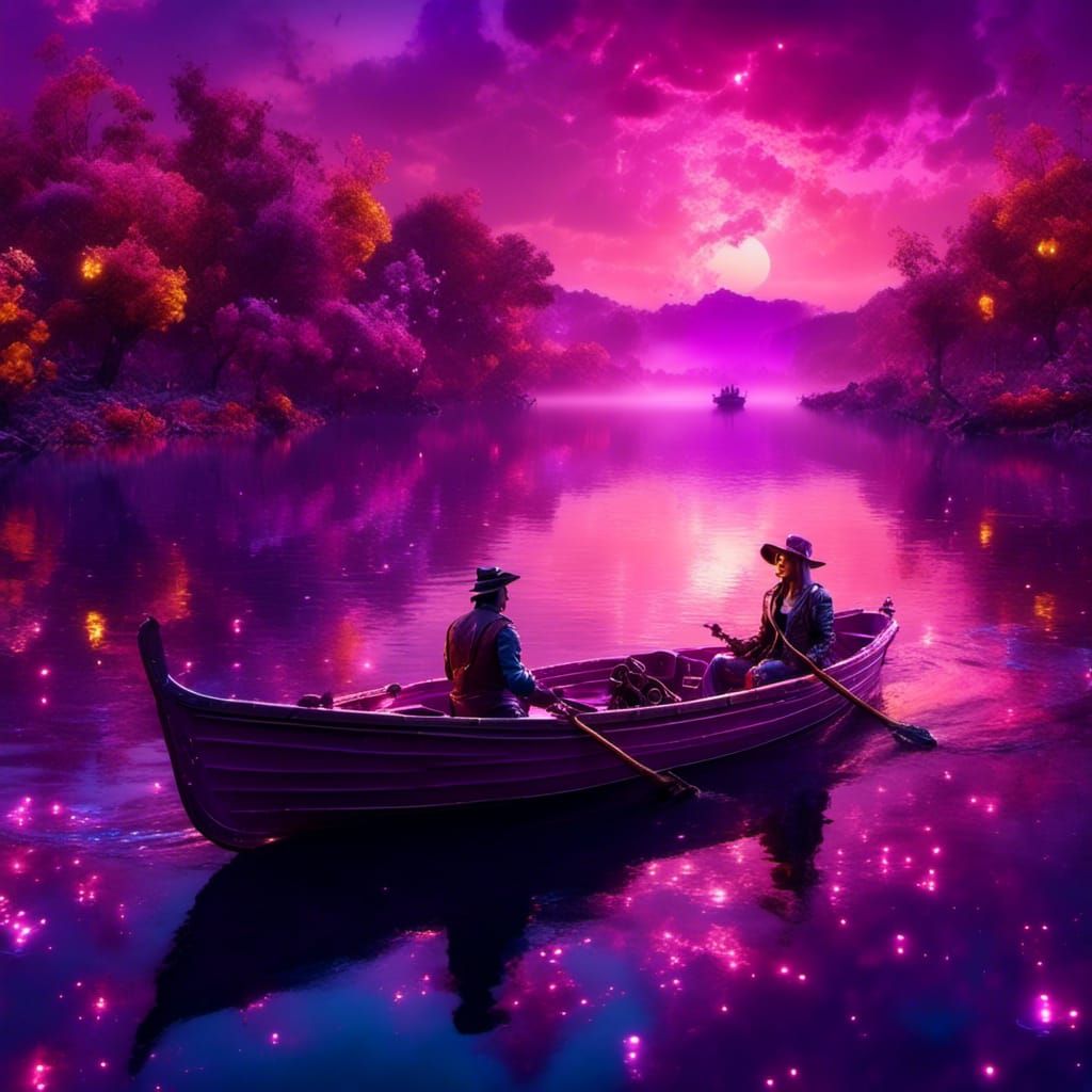 Magical Purple Sunset Lake Scene in Photorealistic Style
