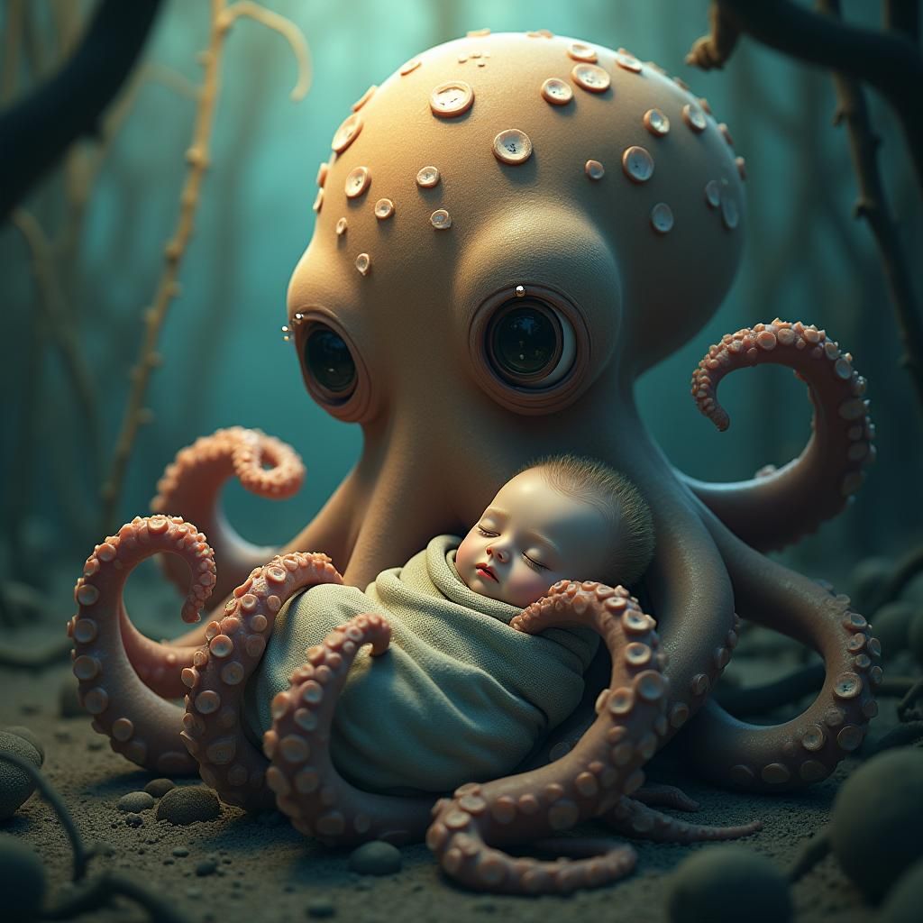 Giant Octopus Cradling Baby: Dreamlike Fantasy Art