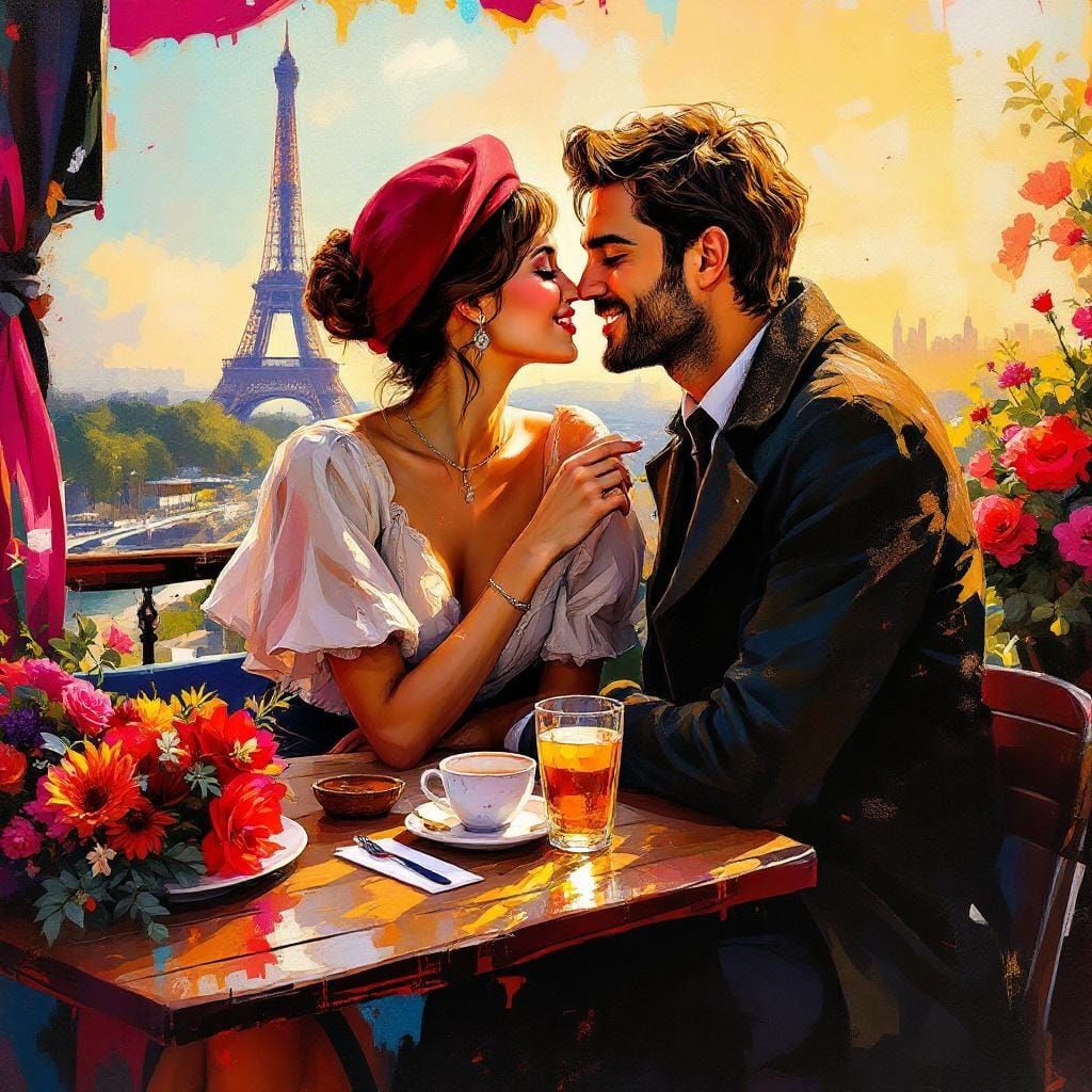 Romantic Paris Café Kiss in Impressionist Oil Painting