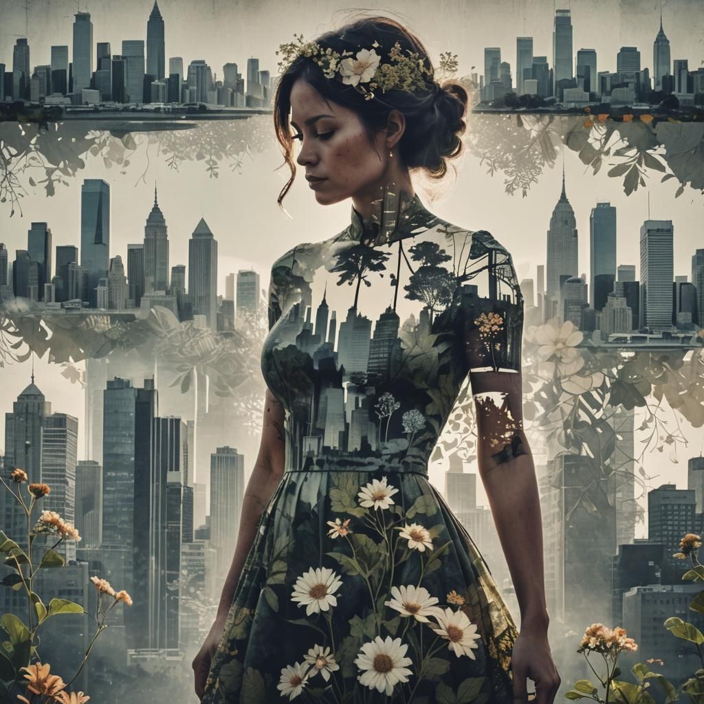 Double Exposure: Nature Goddess in Cityscape