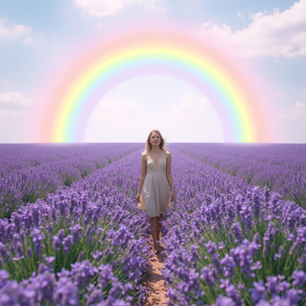 Woman in Lavender Field Under Rainbow Dome