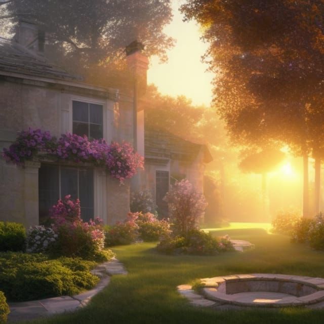 Garden Sunrise with Stone Pavers and Lampposts