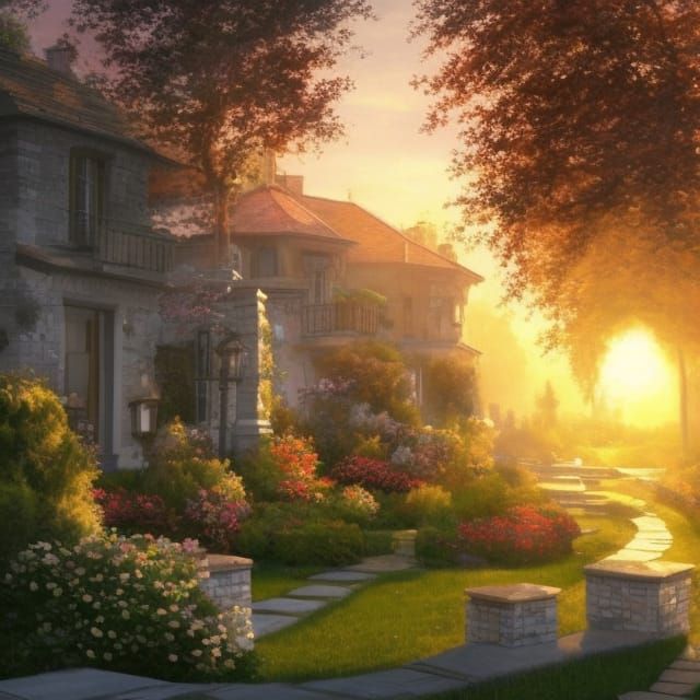 Sunrise Garden with Stone Pavers, Hyperdetailed Concept Art