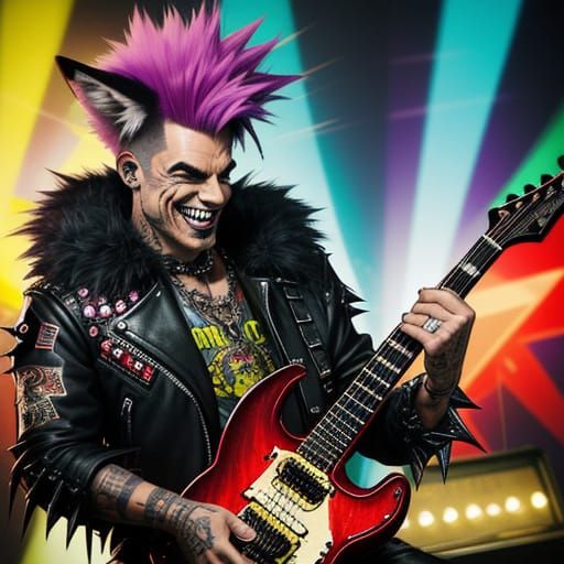 Punk Fox Rocker Shreds Guitar in Vibrant 80s Style