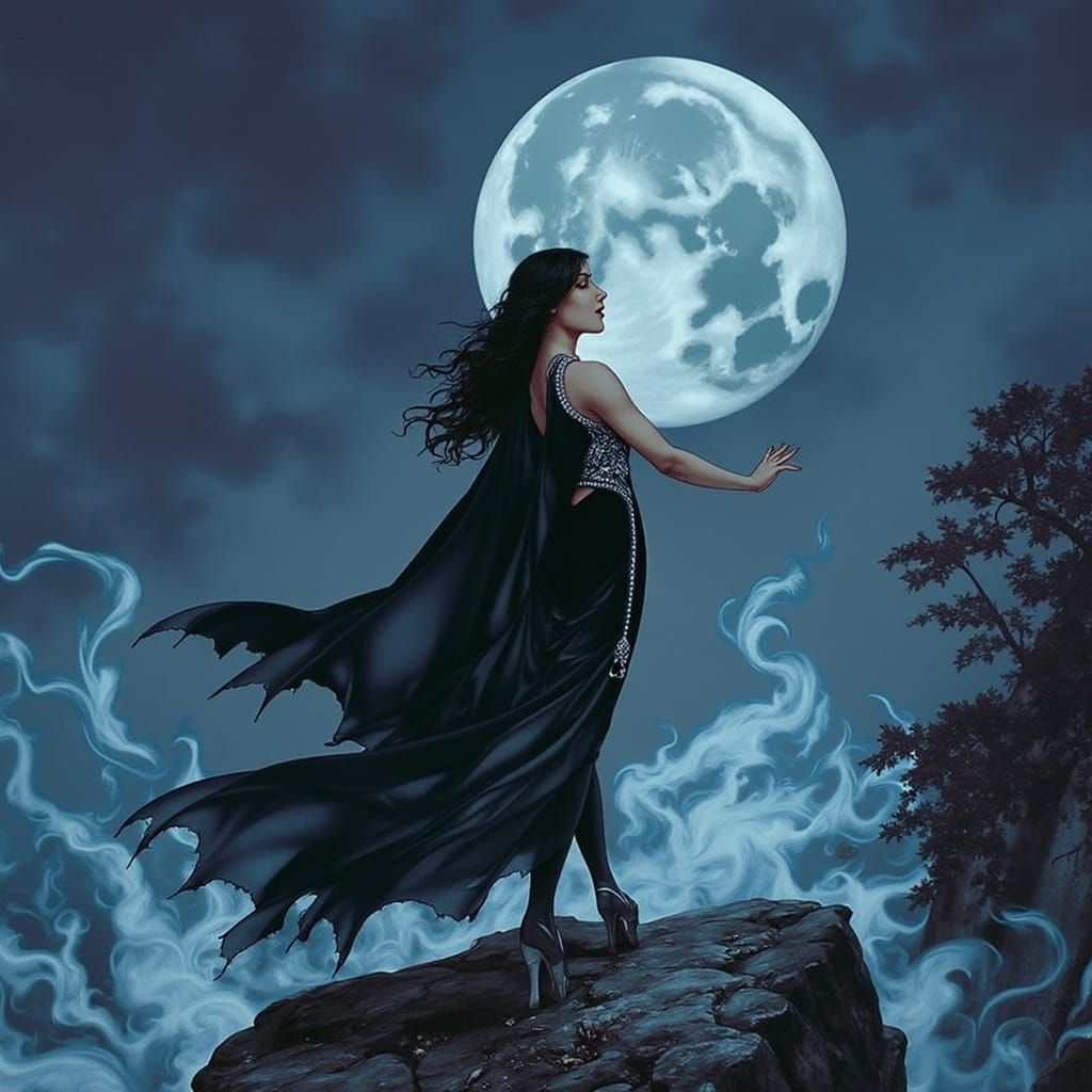 Witch Casting Spell Under Full Moon in Fantasy Style