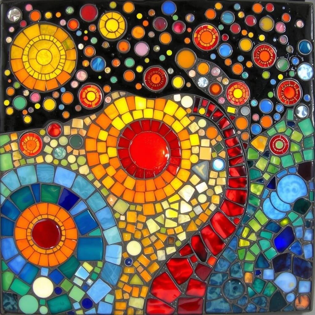 Vibrant Mosaic Artwork in a Hundertwasser-Klimt Style