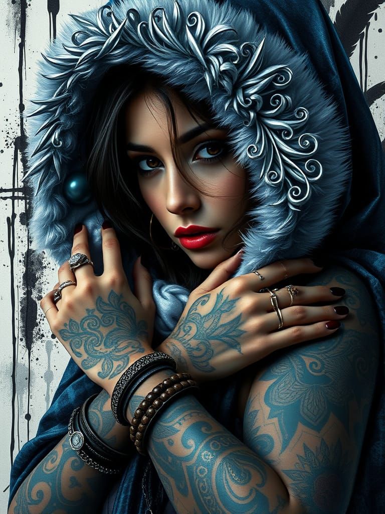 Mystical Latina Woman in Iridescent Cloak with Intricate Tat...