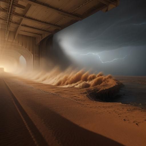 Sandstorm Rages Under Highway Bridge: Cinematic Still