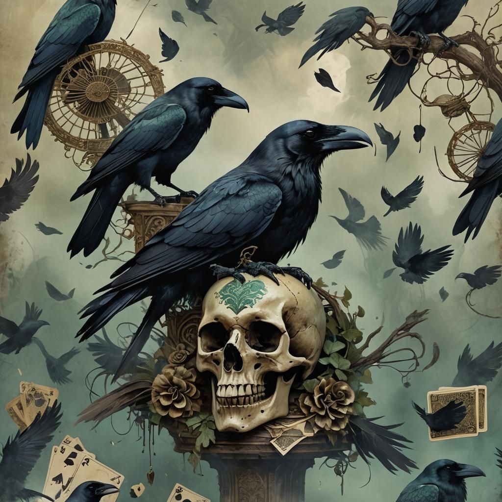 Raven with Cards on Skull, Digital Art
