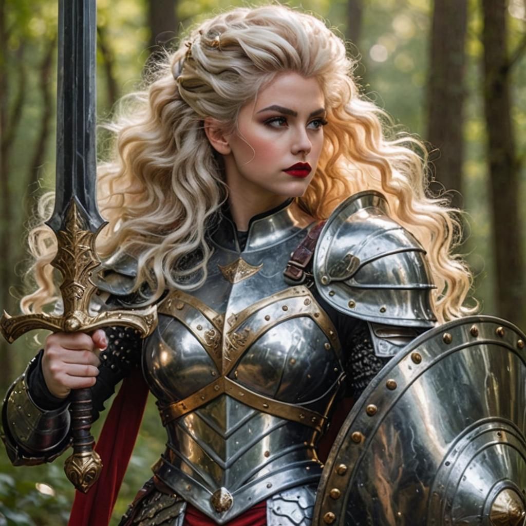 22 year old female elf, dressed in armour, lustrous voluminous puffy blonde beehive hair, black eyeshadow, red lipstick,...
