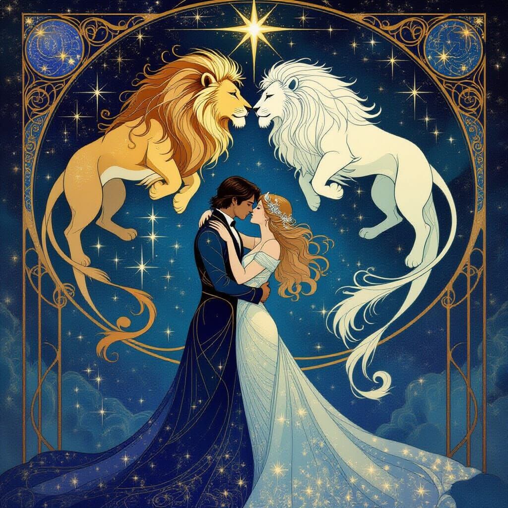 Lovers Embracing With Celestial Lion Spirits in Space