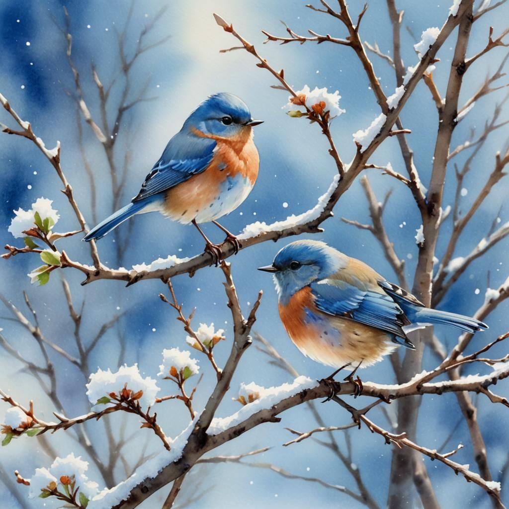 Bluebird on Snowy Branch in Watercolor Style