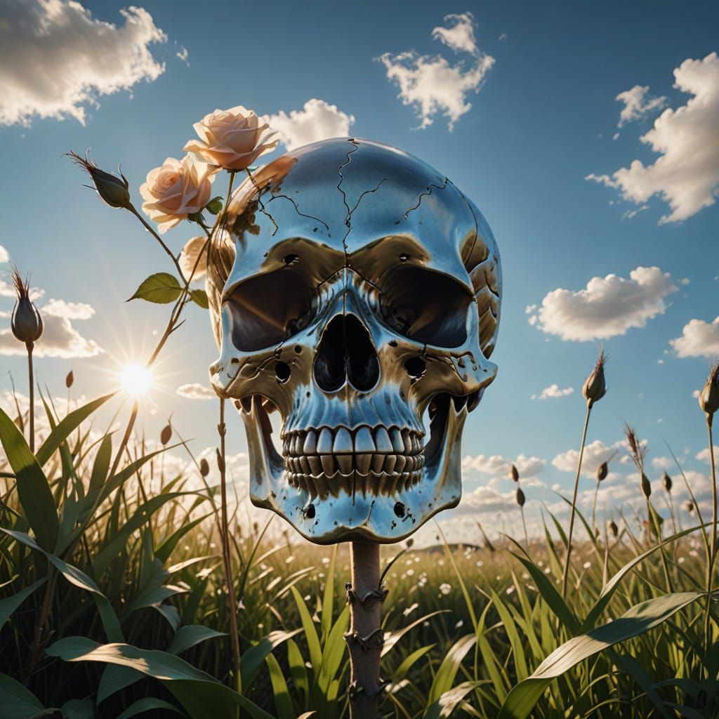 Ancient Skull Amidst Verdant Field, Rose Blooms in Eye Socke...